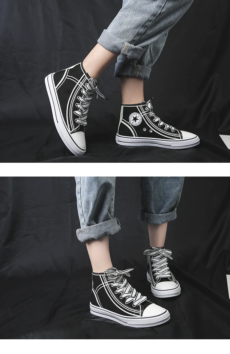 White Women High-top Canvas Shoes Black Comfortable Sneakers Vulcanize Casual Shoes Chaussure Lace-up Ladies Trainers Footwear