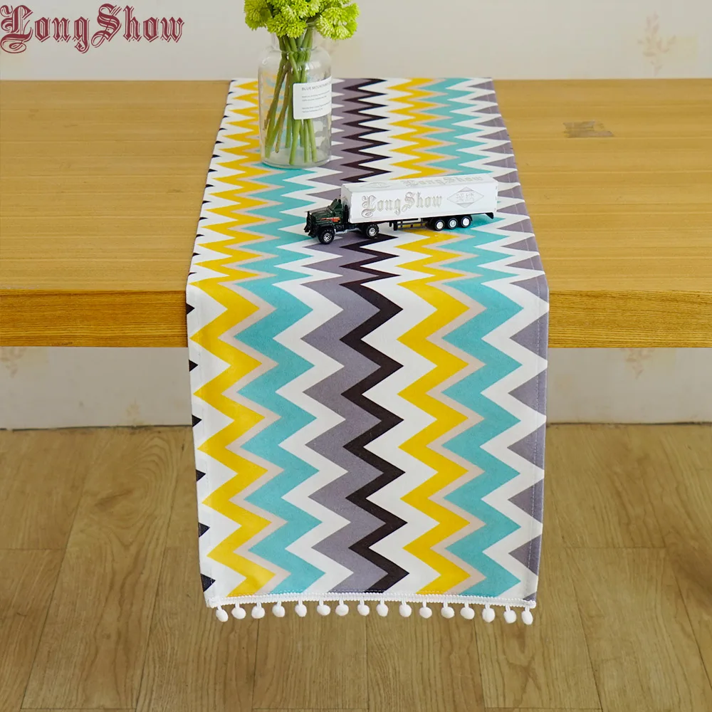 

Lovely Home Decorative Unique Light Blue Geometric Waves Modern Style Table Runner With Braid Ball Lace