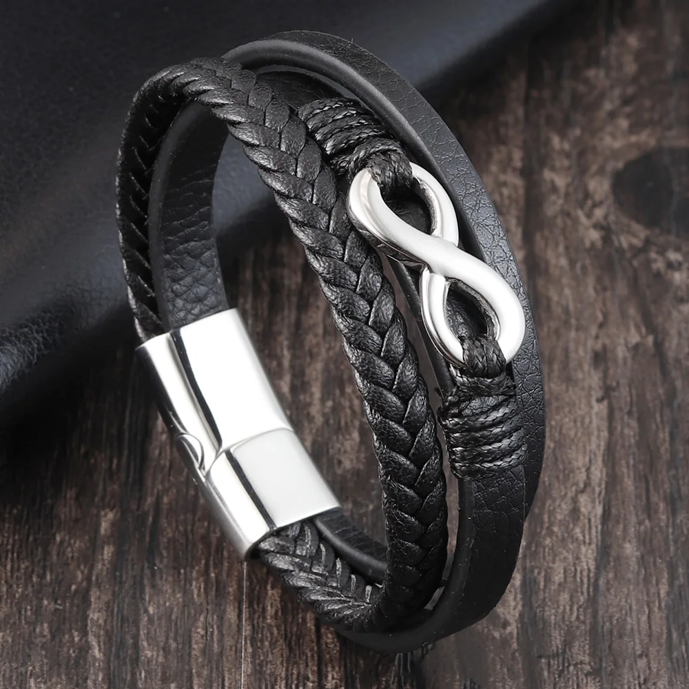 Stainless Steel Leather Bracelet Infinity Logo Special Popular Pattern Men's Bracelet DIY Valentine's Day Handsome Gift