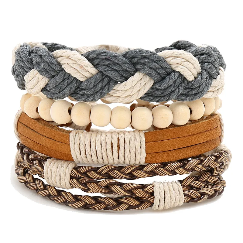 

4PCS/Set Vintage Rope Braided Leather Bracelet Bangle For Man Wood Beaded Wristband Jewelry Gift Dropshipping