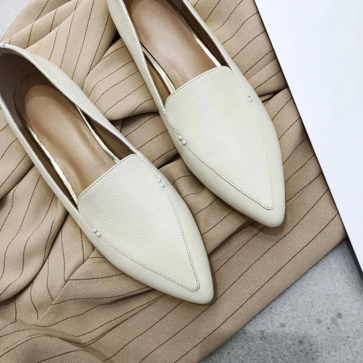 

20 Spring Summer New Style Low-Cut Flat Keel Thin Shoes Large Size 40-43 WOMEN'S Genuine Leather Shoes Low Heel Pointed Work Sho