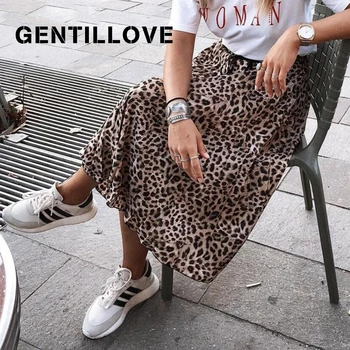 

Gentillove Vintage Leopard Snake Print Pleated Midi Skirts Streetweaar Drawstring Elastic Waist A Line Dress Harajuku Skirt