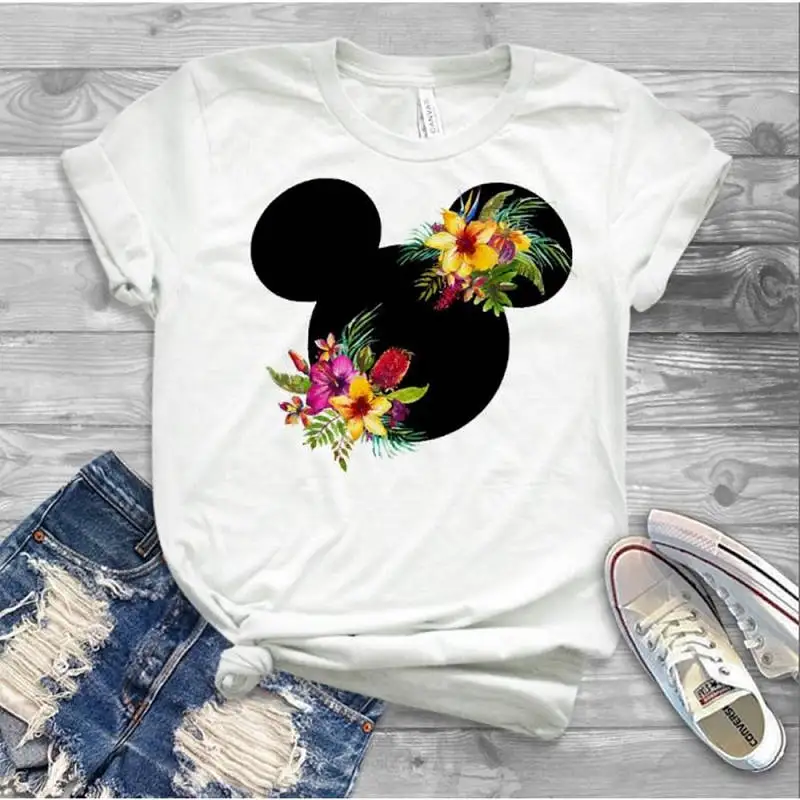 Женская модная футболка с леопардовым принтом и цветочным принтом, футболка с Микки Маусом и ушками, футболки tumblr, хипстерские женские футболки - Цвет: 23