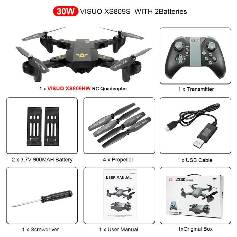 VISUO XS809HW Wi-Fi FPV с широкоугольной HD камерой, режим высокой фиксации, Складная рукоятка, Радиоуправляемый Дрон, Квадрокоптер, вертолет RTF - Цвет: Black 30W 2Batteries