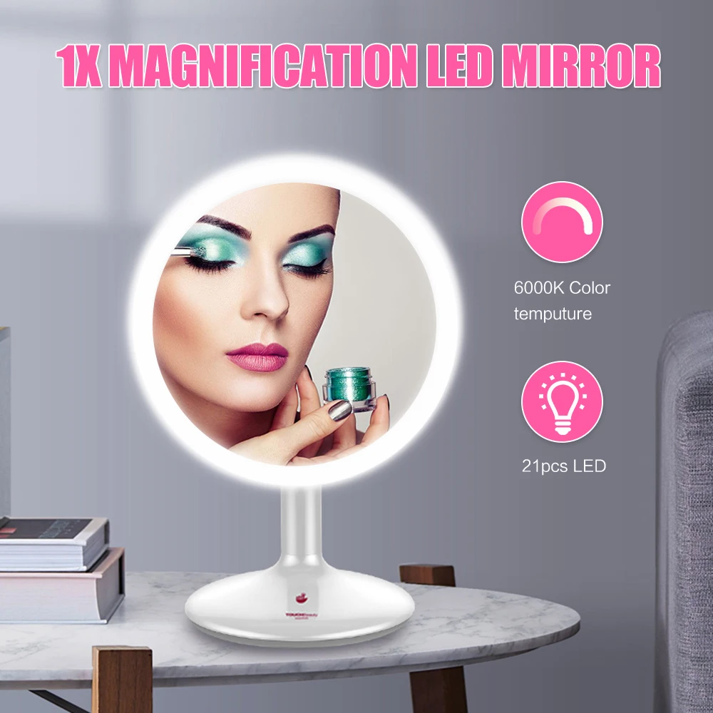 TOUCHBeauty зеркало для макияжа, 1x увеличительное зеркало со светодиодом, вращение на 90 градусов, косметическое зеркало с 21 светодиодный подсветкой, перезаряжаемое косметическое зеркало