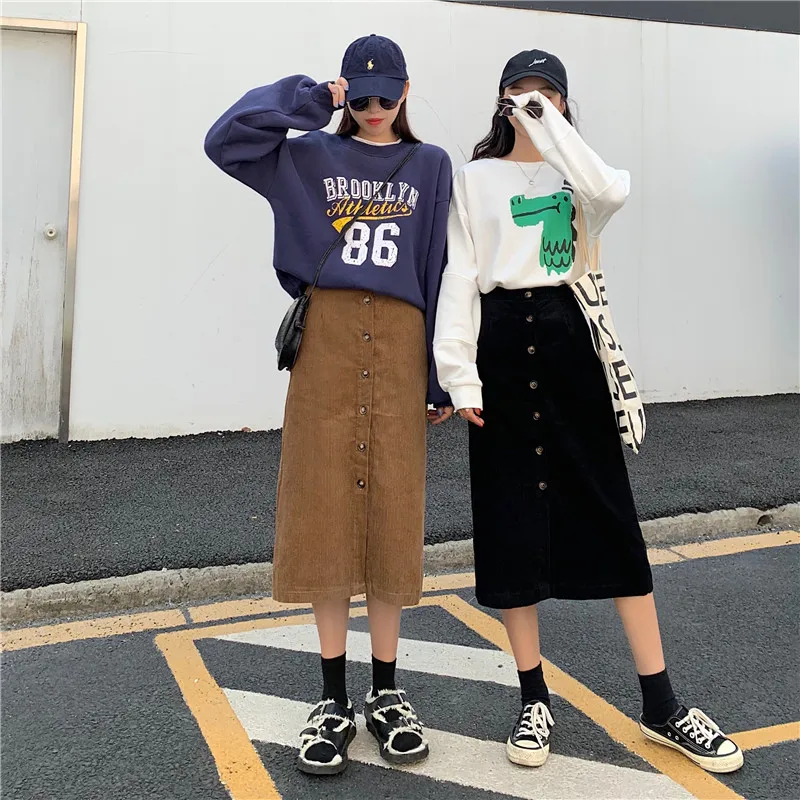 Сцена съемки видео#3951 хан издание вельветовые однобортные шоу тонкие высокие талии прямые слова юбки длинные