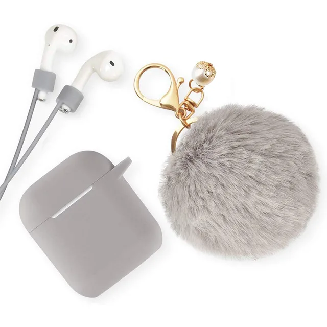Protective Case multi colors with lost-proof and Keychain hooks lovely hair ball Silicone Bluetooth Earphone For airpods 1 2 1 2gray