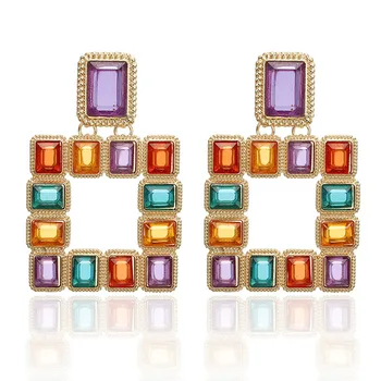 

2019 new exaggerated retro color square gem Earrings European and American style new large square contrast Earrings