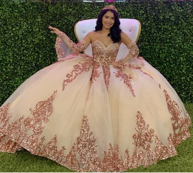 Rose Gold Sparkly Quinceanera Prom Dresses 2020 Moderne Sweetheart Lace Applique Pailletten Baljurk Tulle Party Zoete 16 Rose Gold Sparkly Quinceanera Prom Dresses 2020 Moderne Sweetheart Lace Applique Pailletten Baljurk Tulle Party Zoete 16