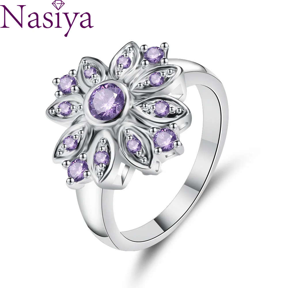 

2Pcs Sunflower-shaped Zircon Silver Rring Purple Flower Finger Ring Gemstone Ring For Women Girls Lady Wedding Party
