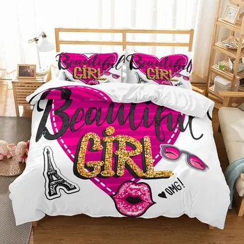 

Girls Holiday Theme Duvet Cover Girls Pink Heart Shape Black Tower Sunglass White Bedding Set 2/3Pcs with Pillowcase