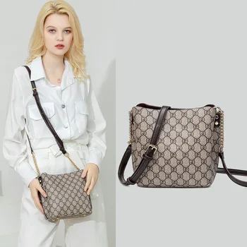 

Popular Women Exquisite Bucket Bag, Female Simple Luxury Leather Cross body Bag Print Letter Khaki Color Generous Handbag For Wo