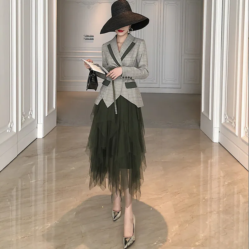 2020 весенние женские серые клетчатые зубчатый блейзер в клетку офисные пояса