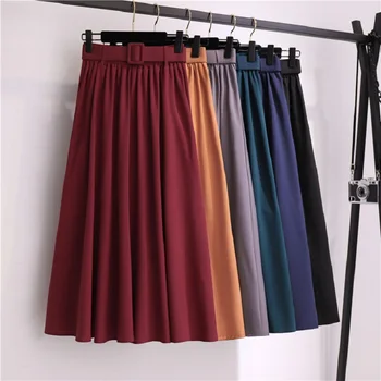 

Summer women Skirt with belt 2020 Summer Classic thin solid color skirt High waist retro loose mid-length skirt Office Lady