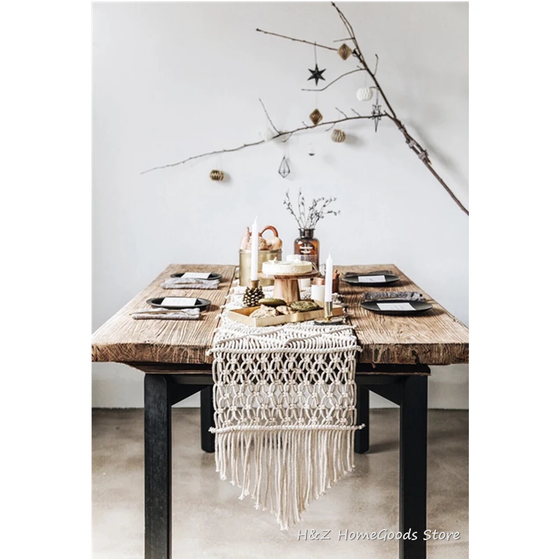 

Macrame Hollow Out Table Runner Boho Decoration Nordic Style Bohemian Wedding Home Decor Tassels Woven Handmade Gift 35x180CM