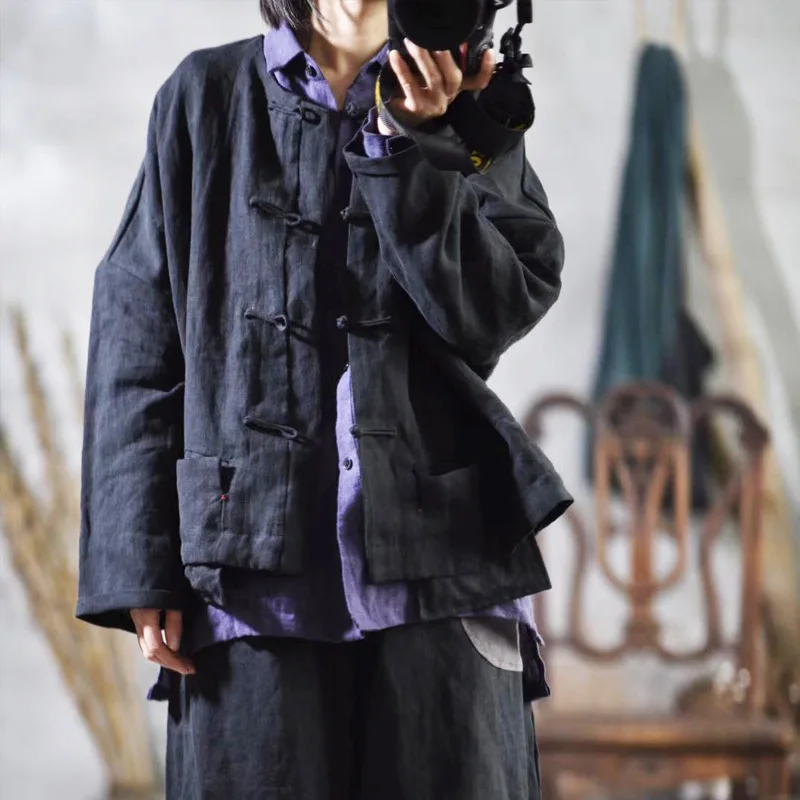 

Women Cotton Linen Shirts Button Vintage Blouses 2020 Spring New Long Sleeve Solid Color Chinese Style Shirts Tops