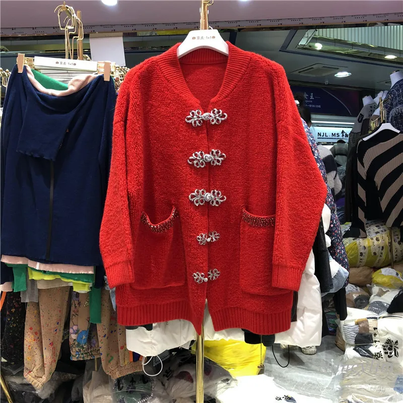 

2020 Autumn Winter New Loose Outer Wear Buckle Hot Drilling Vintage Thickened Sweater Coat Women's Knitted Cardigan Red Pink
