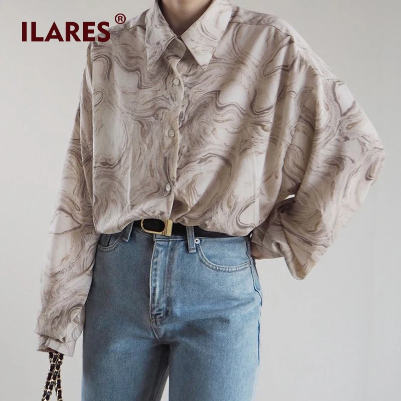  ILARES Blouse Women Womens tops and Blouses Plus size shirt vintage Loose chiffon Wild printing Lon