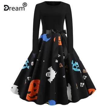 

New Autumn Winter Dresses Women 2020 Halloween Plus Size Party Dress Pumpkin Print Vintage Elegant Long Sleeve Black Vestidos
