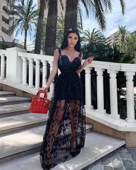 

Women Luxury Sexy V Neck Lace Bandage Dress Ladies Designer Stars Black Evening Maxi Dress Vestido