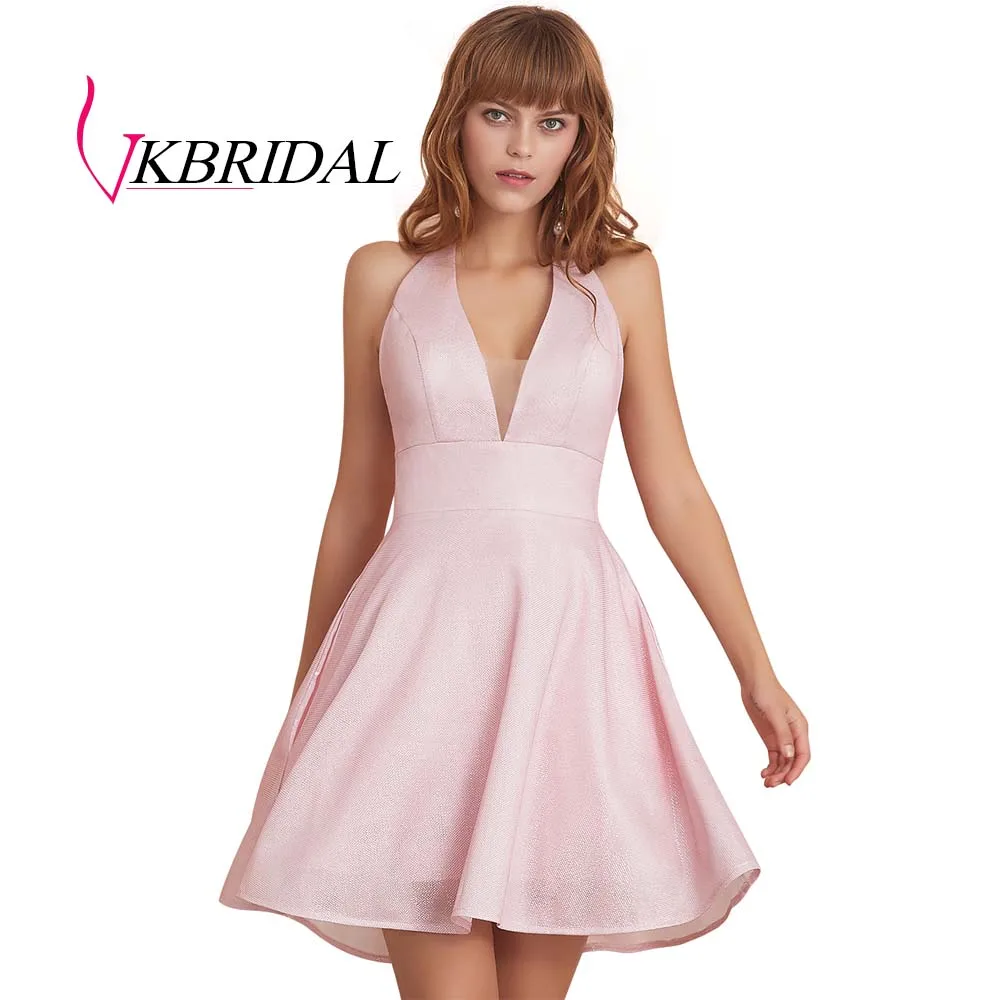VKBRIDAL сексуальные платья с лямкой на шее для встречи выпускников Новая мода блестящая ткань короткое платье для выпускного вечера вечерние платья с карманами - Цвет: Розовый