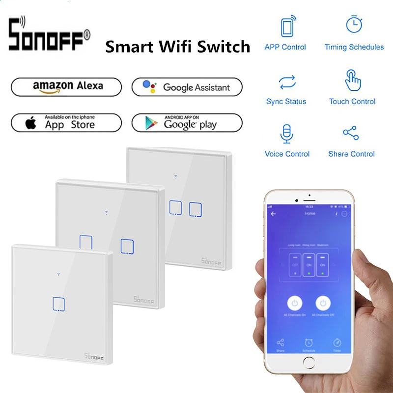 Сенсорный настенный выключатель SONOFF T2/T3 EU/UK TX 1/2/3 Gang Smart Wifi Home 433 RF/Voice/APP Control |