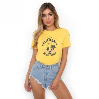 

CALIFORNIA EARTHLY PARADISE Letter Print T shirt Women Cute Coconut Tree Graphic Tshirt O-neck Short Sleeve T-shirt Harajuku Top