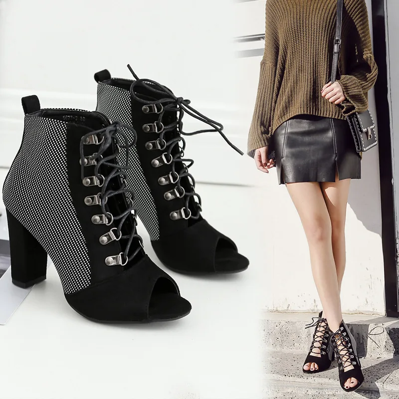 

2019 Early Spring New Style Europe And America Versitile Fashion Chunky-Heel Fish Mouth Boots Ultra-High-Heel Cross Straps WOMEN