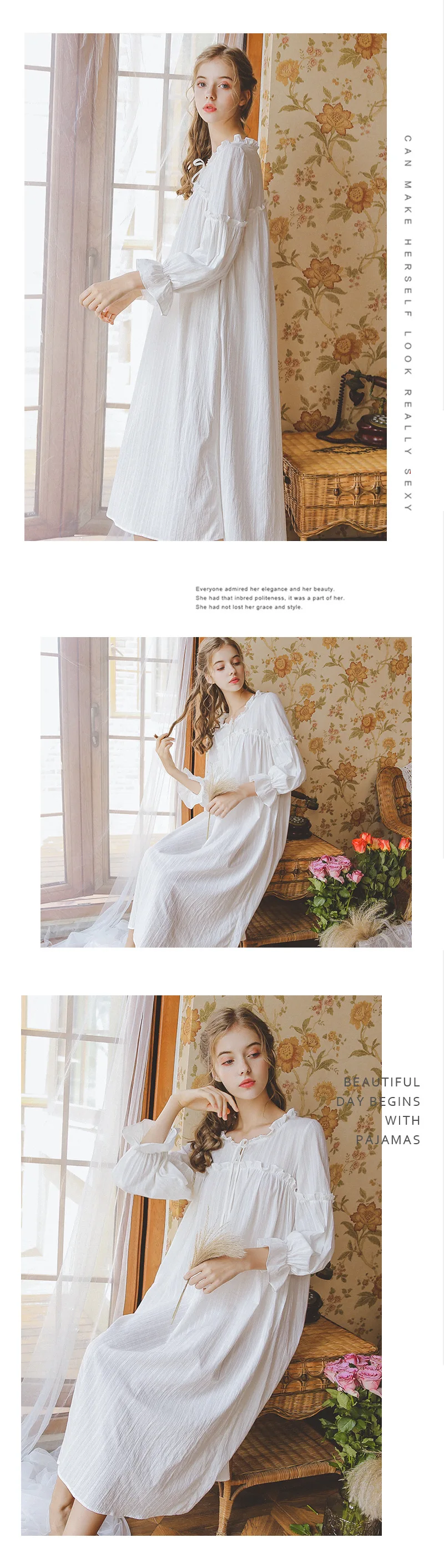 Womens Spring and Summer Sleeping Dress Princess Palace Vintage Night Gown Viscose Long Sleeves White Sleep Wear Sleepshirts