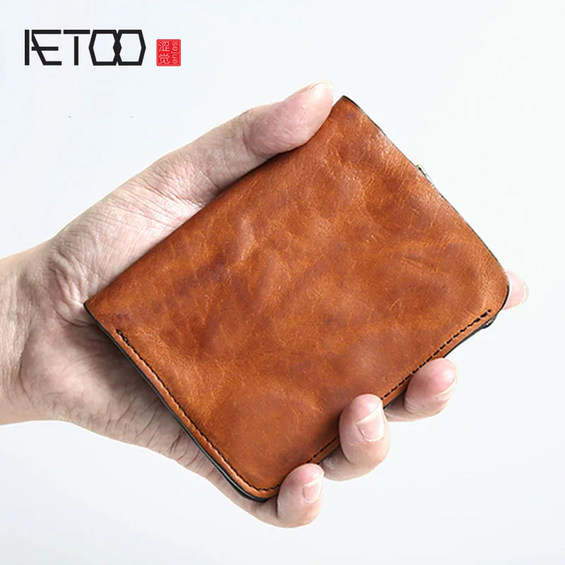 

AETOO Original handmade retro men's short leather wallet men's vertical wallet casual men's bag leather small wallet