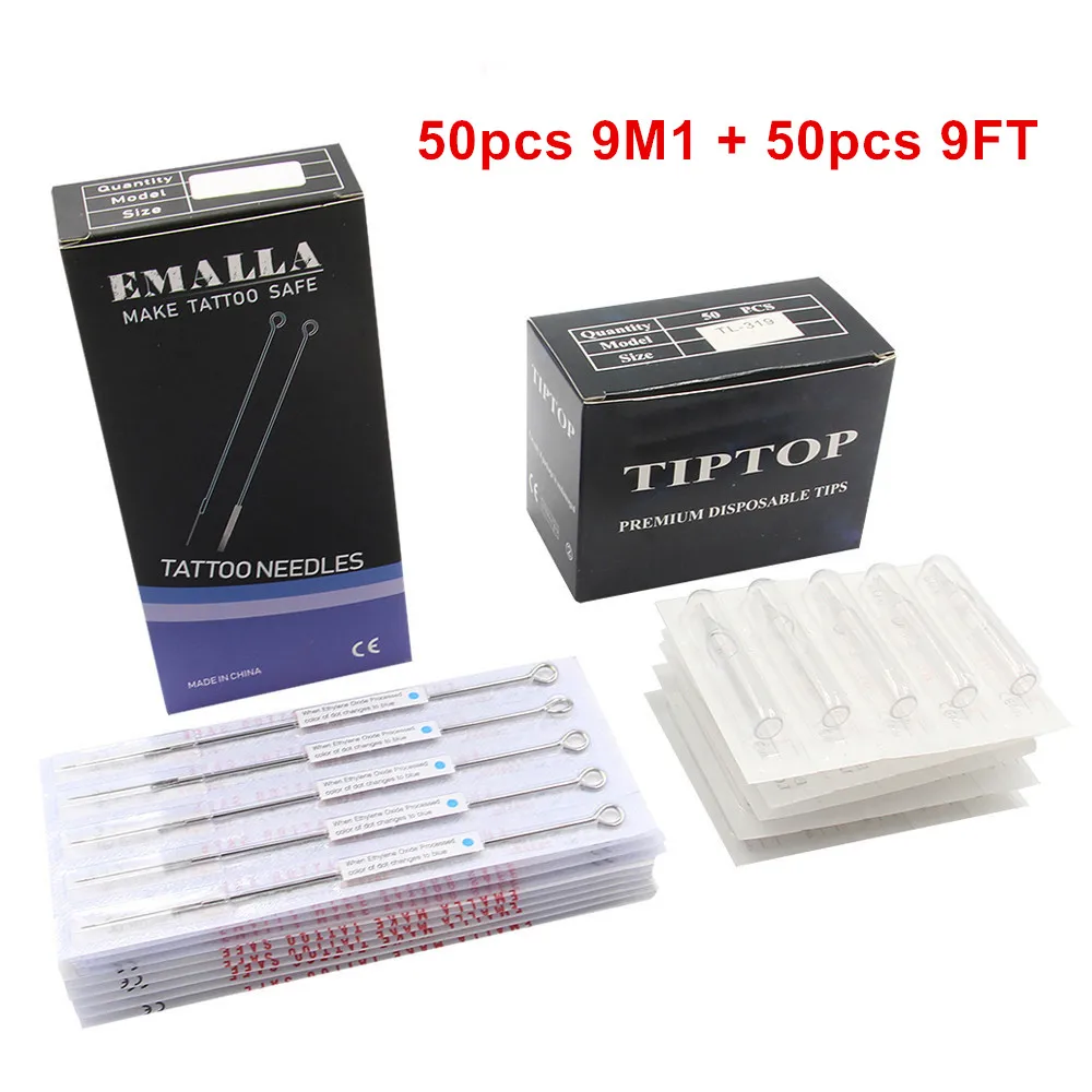 9M1+ 9FT) 50 шт. EMALLA Иглы для татуировки и 50 шт. TIPTOP наконечники для тату-машинки пистолет татуировки насадки для татуировок принадлежности