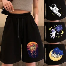 Bermuda shorts de cintura alta bolso lateral feminino casual outfits astronauta impresso em linha reta calças soltas casa ficar correndo shorts