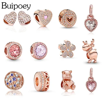 

Buipoey 2pcs Rose Gold Beaded Heart Crystal Charm Fit Original Bracelet for women fine Starry Sky Daisy Bangle Jewelry Necklace
