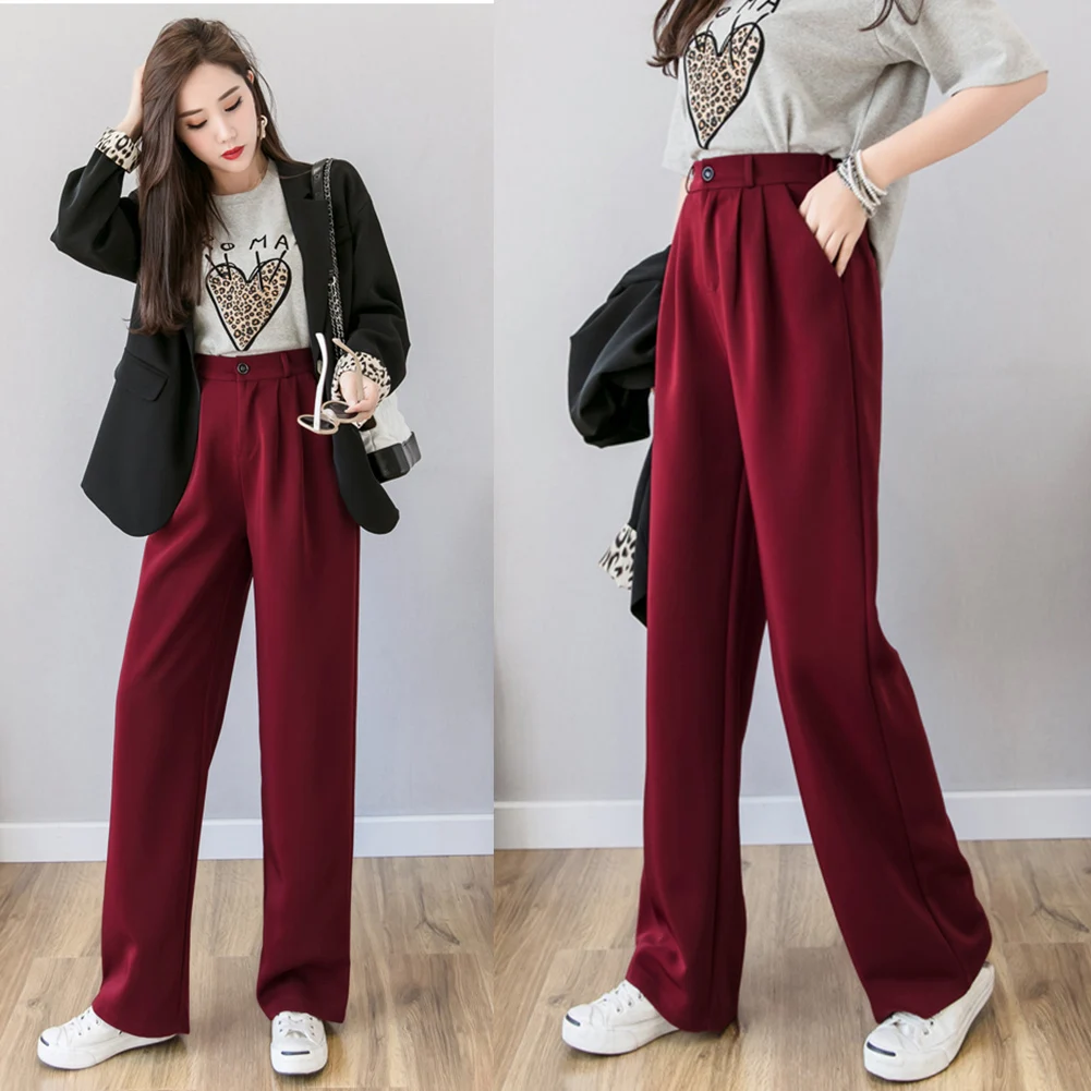 Высокая талия прямые брюки летние широкие эластичные талии рабочая одежда, штаны женские черные красные дикие офисные женские брюки