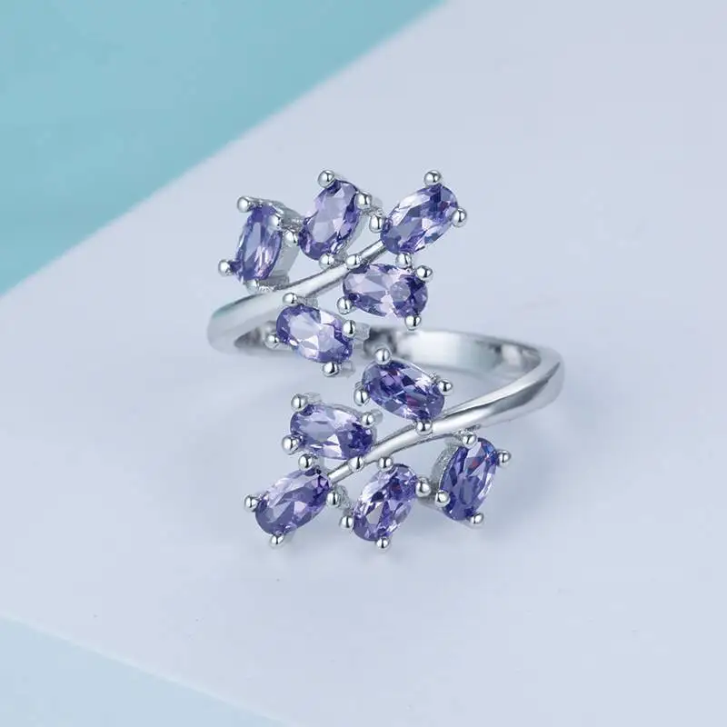 Opening adjustable Silver 925 Jewelry Gemstones Ring for Women Amethyst Ruby Powder crystal Plant Leaf Gift