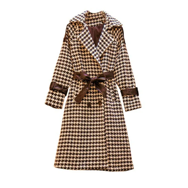 coat woman winter 2023 New Large Women's Wear Versatile Thousand Bird Check Medium Length Waist Coat Thickened Woolen Coat