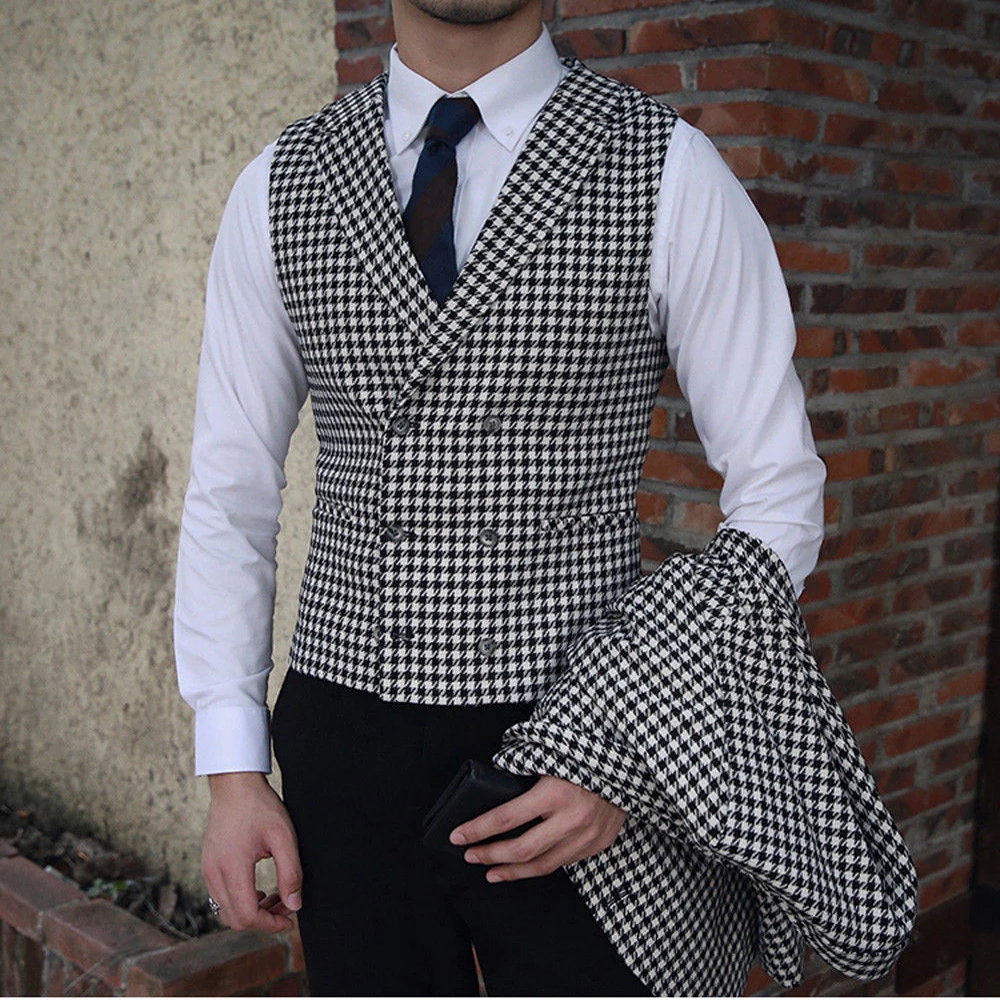 Mens Suits Men's Houndstooth Blazer and Houndstooth vest for Wedding Suits Formal Tweed Tuxedos Made Man Suits Jacket+pants+vest mens suits
