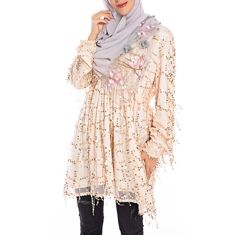 Beige dress Короткое, с блестками abaya Дубай мусульманский хиджаб платье турецкие Платья Восточный халат из марокена Кафтан Исламская одежда Абая для женщин Пакистан - Цвет: Beige dress