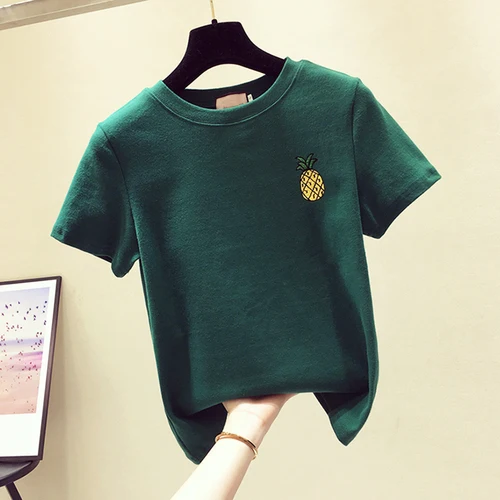 green Женская футболка из хлопка, повседневная трикотажная, с коротким рукавом, с вышивкой, с геометрическим круглым вырезом, модная, новая, стильная, летняя, облегающая, Базовая рубашка - Цвет: green