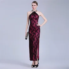 

Chinese National Long Cheongsam Plus Size Sexy Women Halter Dresses Qipao Split Lace Party Cheongsams Dress