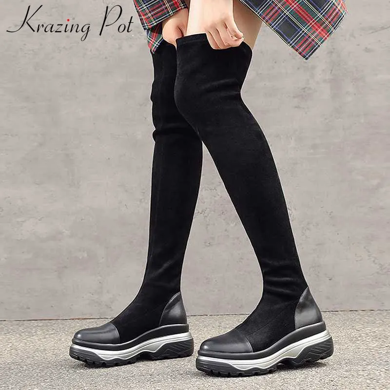 

krazing pot hot young lady popular thick bottom cow leather stretch flock boots round toe high heels women thigh high boots L8f1