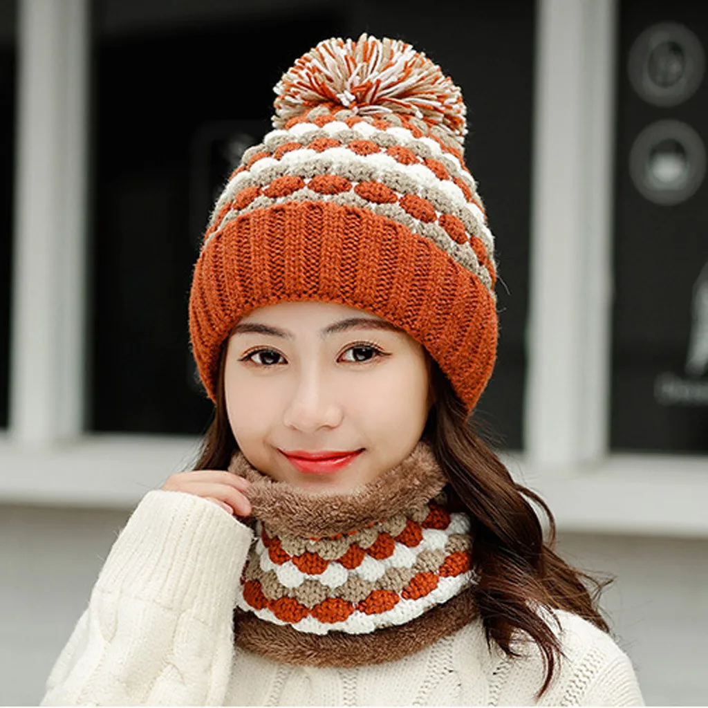 Новинка,, модная женская зимняя вязаная шапка с шариковым воротником, набор, Толстая теплая одноцветная шапка с наушниками, ветрозащитная теплая зимняя шапка# N01