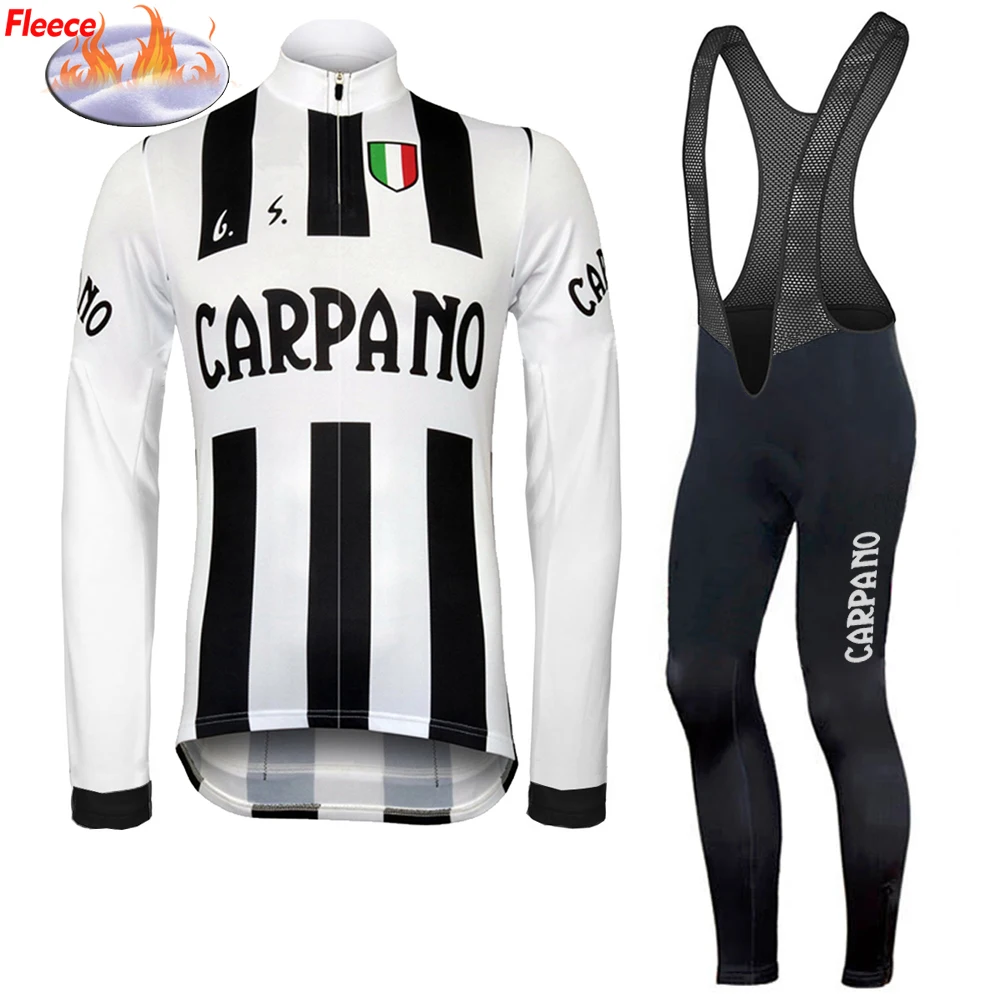 

New Man Winter Fleece Cycling Jersey Set Carpano Retro Bike Clothing Suit Road/MTB White Bicycle Wear Shirts Long SleeveThin