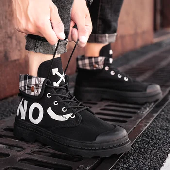 

Men Canvas Grid Cloth Boots Lace Up Casual High Top Shoes Fashion Platform Martin Boots Working Ankle Fold Botas Size 39-44