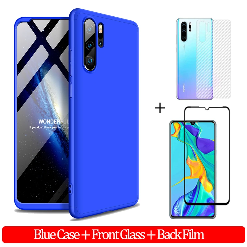 3-в-1 защитный чехол для huawei-p30-pro чехол на хуавей р30 про жесткий Пластик анти-противоударный бампер чехол huawei p30 lite 360 Полное покрытие p 30 pro чехол+ стекло хуавей р 30 про чехол хуавей р30 лайт чехол - Color: Back Glass Blue