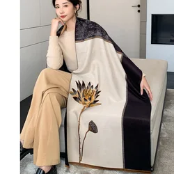 Lotus Print Scarf Cashmere lady Winter Warm Pashmina Elegant Floral Shawls Wraps Lady Bufand Thick Room Use Stoles 2022