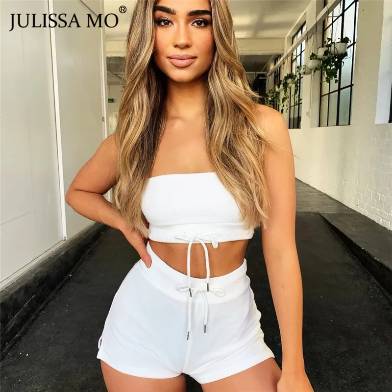 JULISSA MO сексуальный укороченный топ с открытыми плечами байкерские шорты комплект