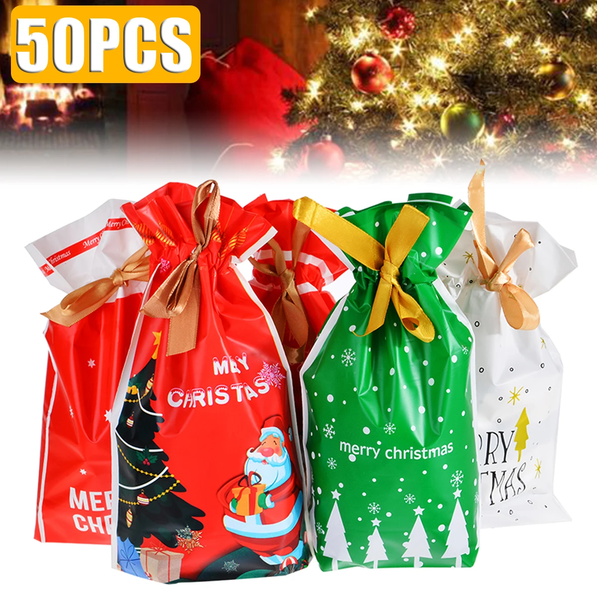 

50pcs Christmas Sacks Candy Biscuit Drawstring Bags Wrap Present Gift Storage Bag Birthday Party Decoration Christmas Gift Bags