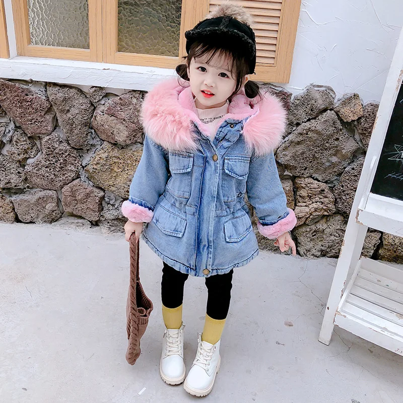 HKXN; зимняя джинсовая куртка для девочек; детская хлопковая ветровка с капюшоном; теплая верхняя одежда из плотного бархата с капюшоном и меховым воротником - Цвет: Розовый