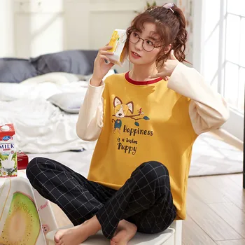 

Set for Women All-Cotton Loose Print Long Sleeve Nightwear Blue Strawberry Casual Female Sleepwear Autumn Fashion Warm Pajamas